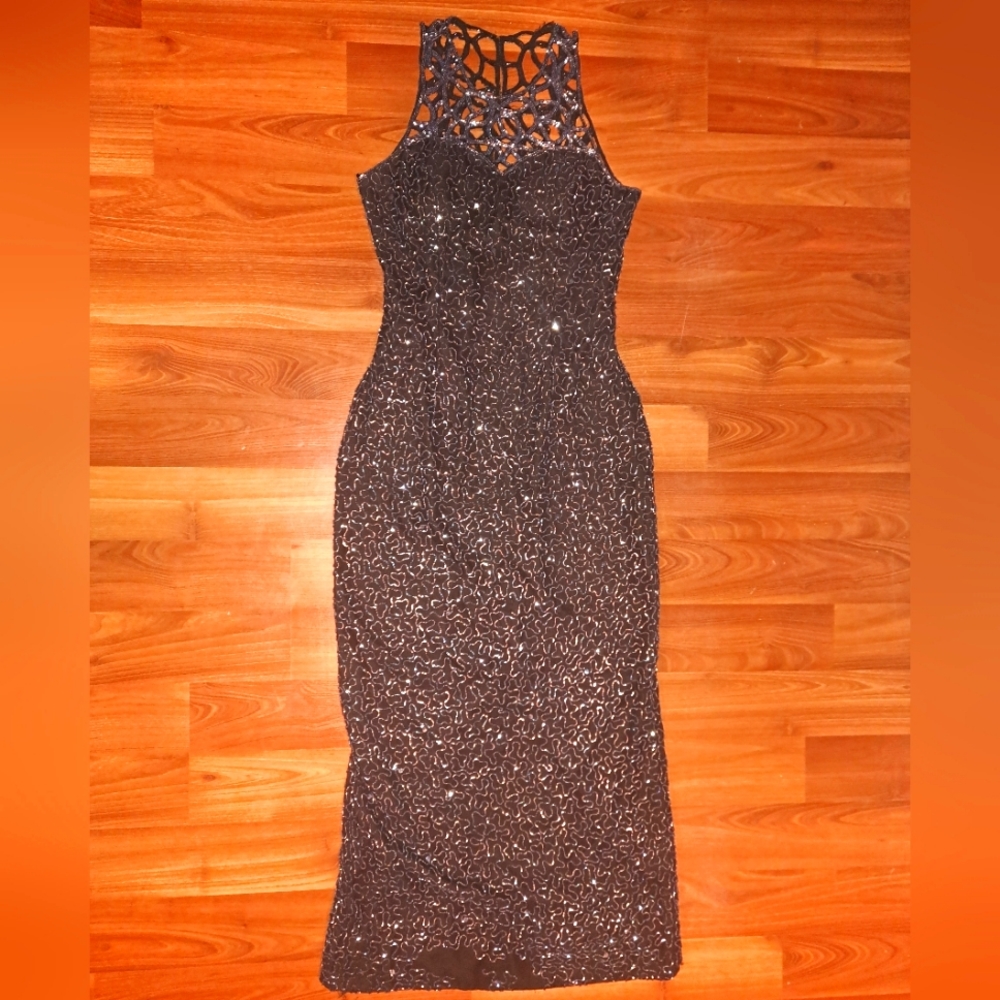 Scala Beaded Silk Maxi Evening Dress Black Blue Intricate Art Noveau Collar
